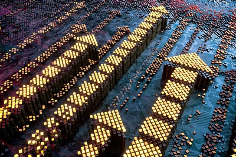 Aerial view of glowing golden cubes forming an upward arrow across a dark data landscape