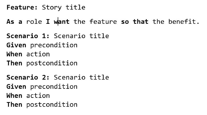 Gherkin template with Feature, role-based user story and two Given-When-Then scenarios
