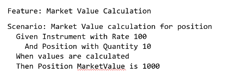 Gherkin example: market value calculation, instrument rate 100 and quantity 10 give a position value of 1000