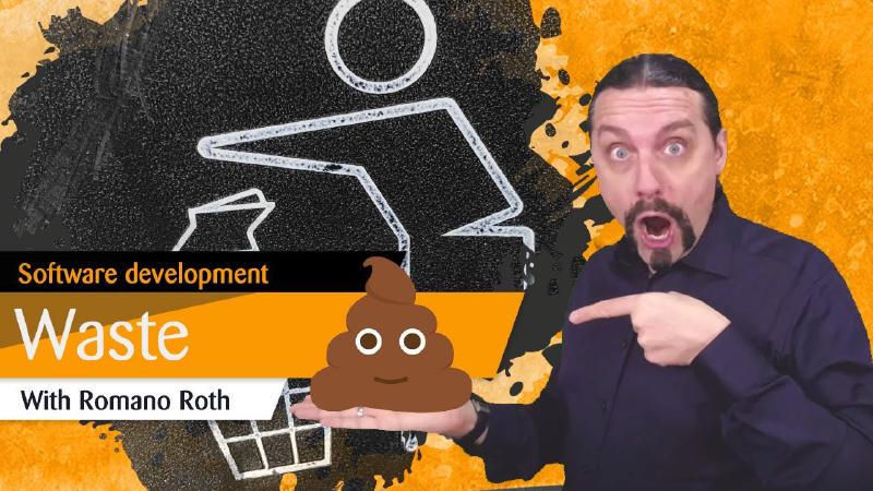 Romano Roth reacting to a chalk figure binning a pile beside the title Software development Waste